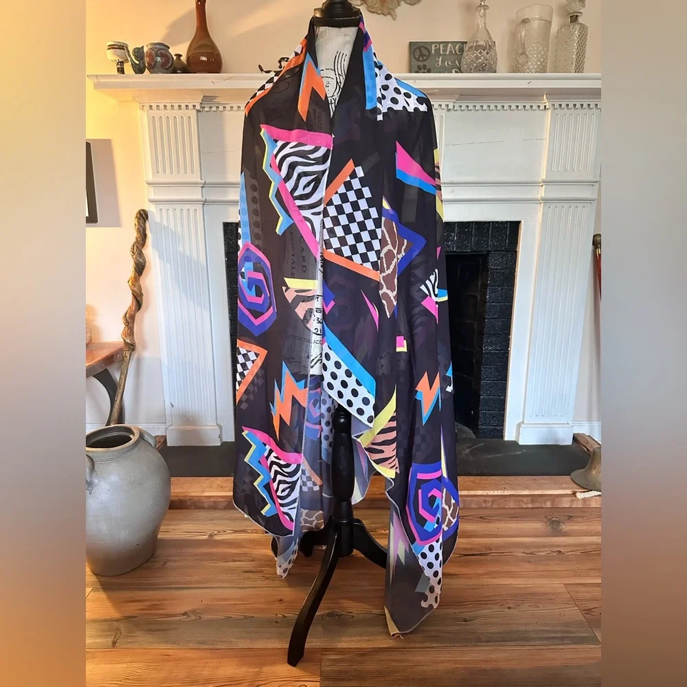 Abstract Geometric Sheer Scarf Wrap Sarong Animal Print Festival Shawl Pareo 80s